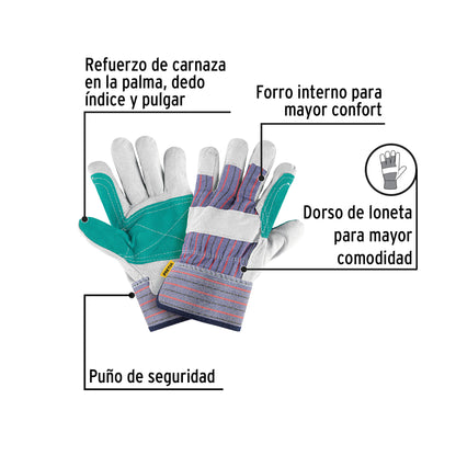 Guantes de carnaza y loneta con refuerzo, unitalla, PRETUL