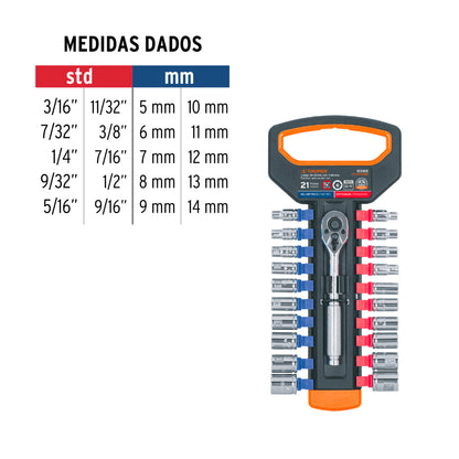 Juego de dados mm y std con matraca, cuadro 1/4', Truper