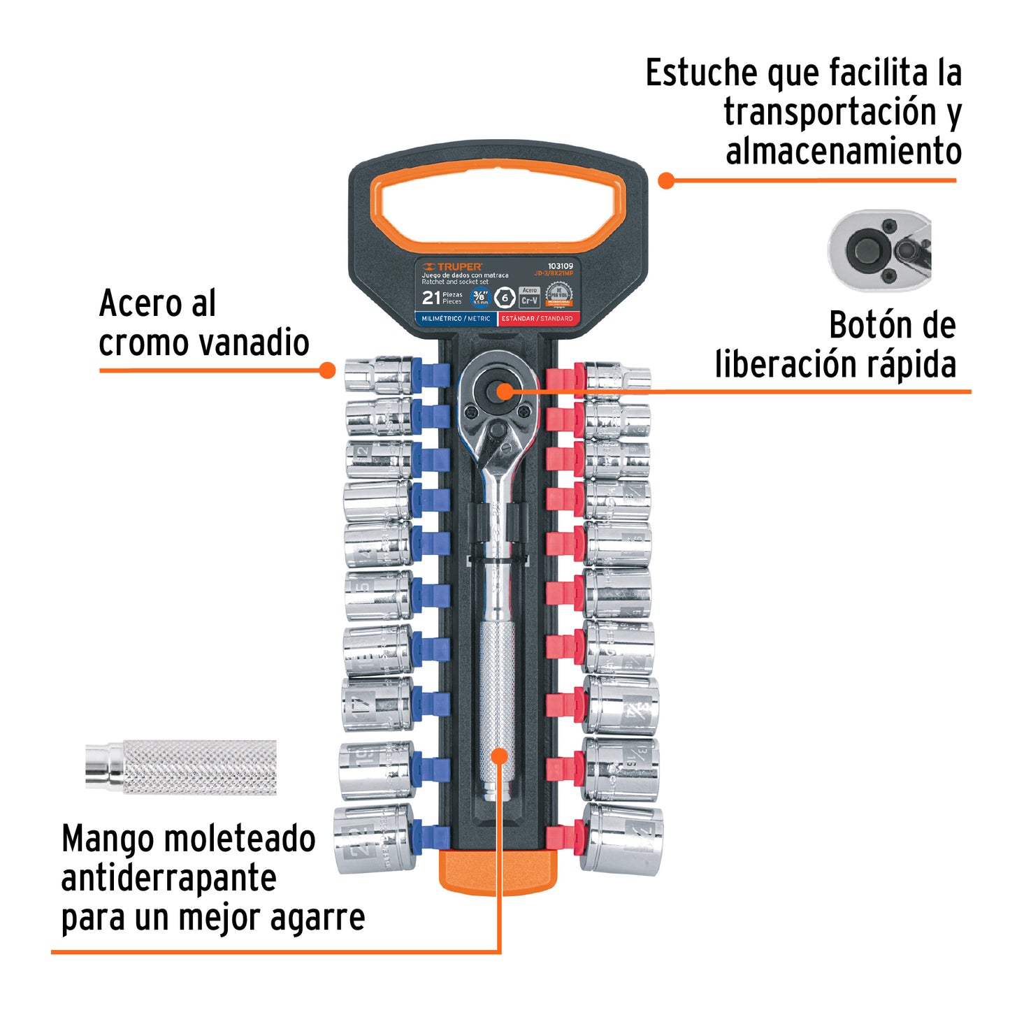 Juego de dados mm y std con matraca, cuadro 3/8', Truper