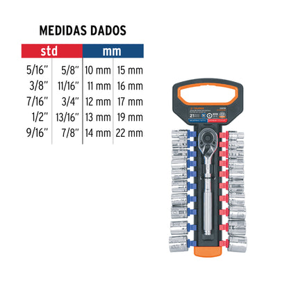 Juego de dados mm y std con matraca, cuadro 3/8', Truper