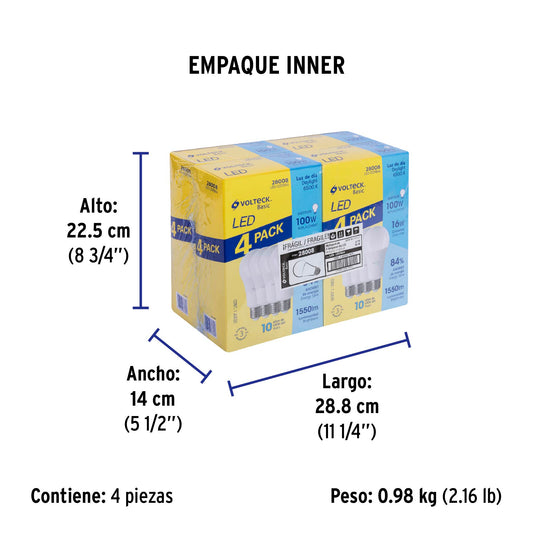 Pack de 4 lámparas LED A19 16 W (equiv. 100 W), luz de día