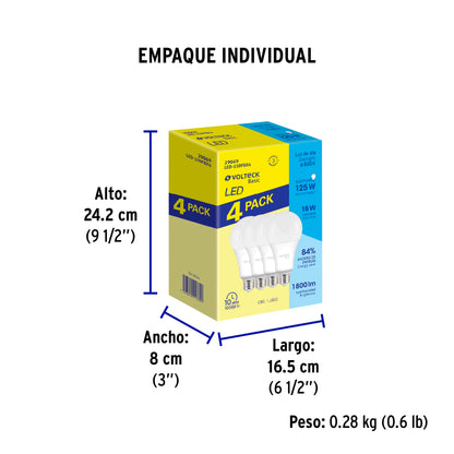 Pack de 4 lámparas LED A19 18 W (equiv. 135 W), luz de día