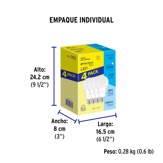 Pack de 4 lámparas LED A19 18 W (equiv. 135 W), luz de día