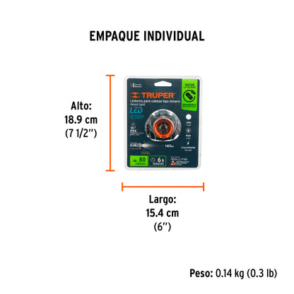 Linterna de minero LED 80 lm, recargable, TRUPER EXPERT