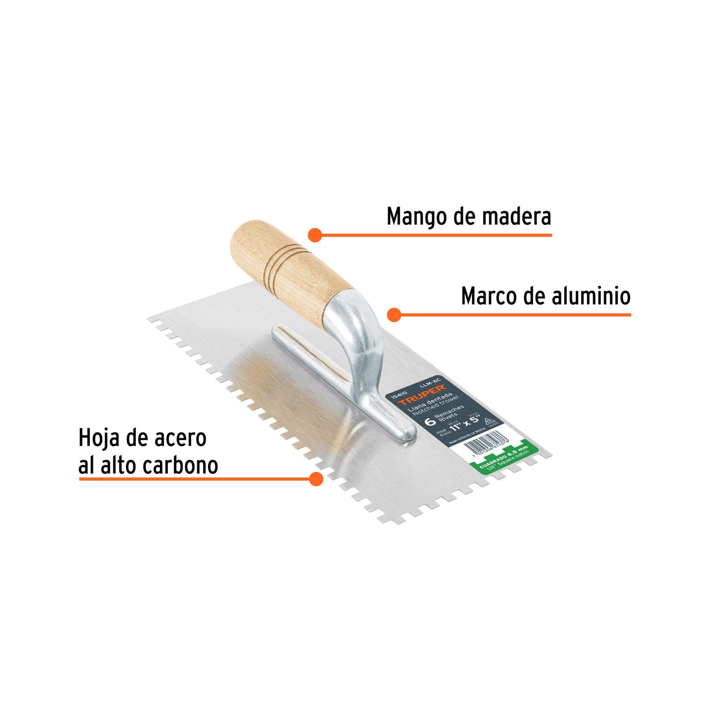 Llana 11' dentado cuadrado 1/4', 6 remaches, mgo madera