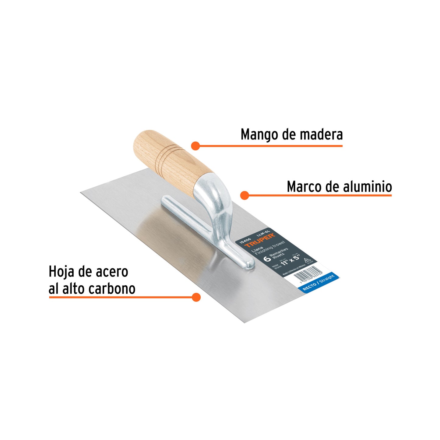Llana 11' canto recto, 6 remaches, mgo madera, Truper