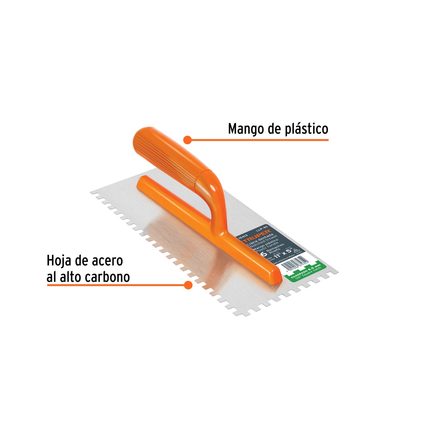 Llana 11' dentado cuadrado 1/4', 6 remaches, mgo plástico