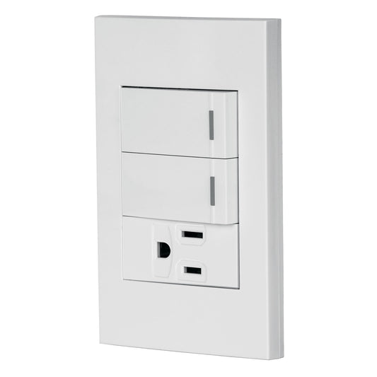 Placa armada 2 interruptores,1 contacto,1mod,Española,blanco