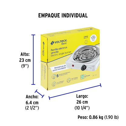 Parrilla eléctrica 1 quemador en espiral, blanca, BASIC