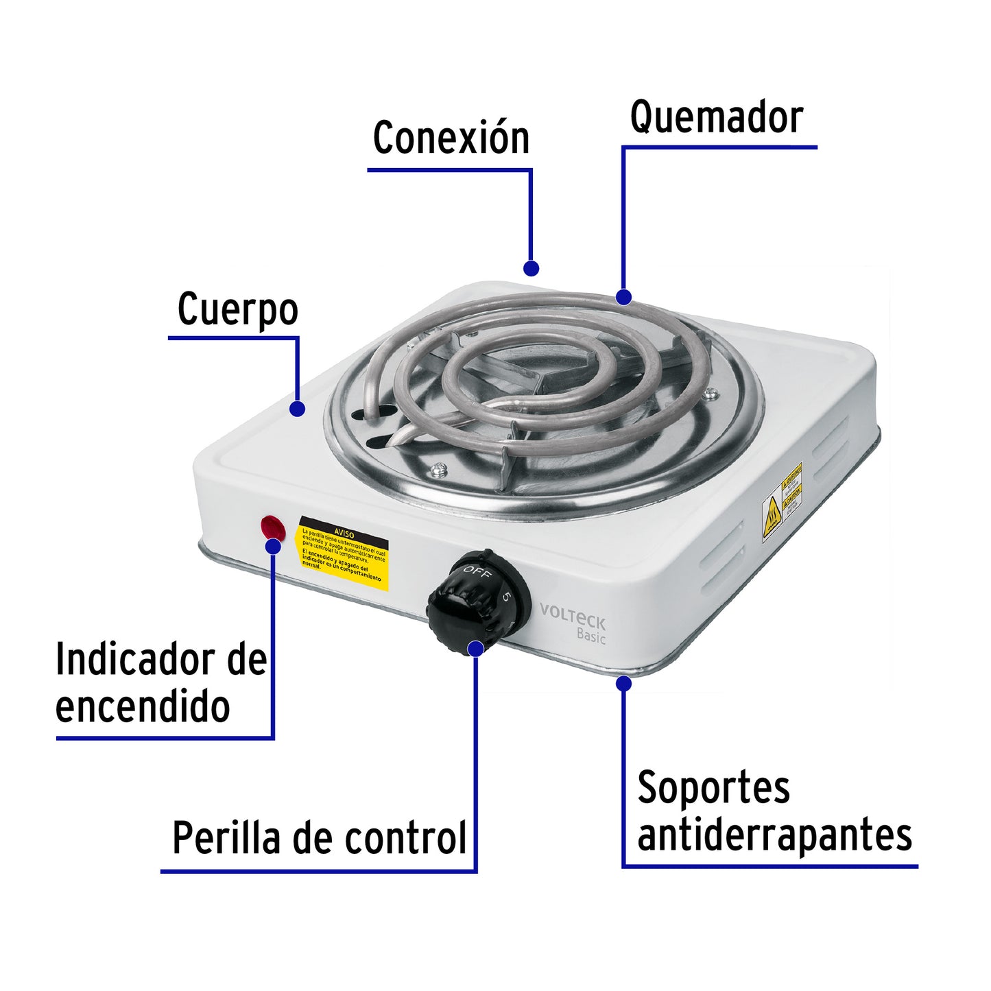 Parrilla eléctrica 1 quemador en espiral, blanca, BASIC