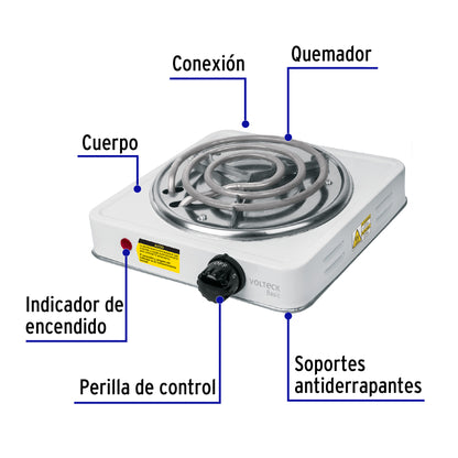 Parrilla eléctrica 1 quemador en espiral, blanca, BASIC