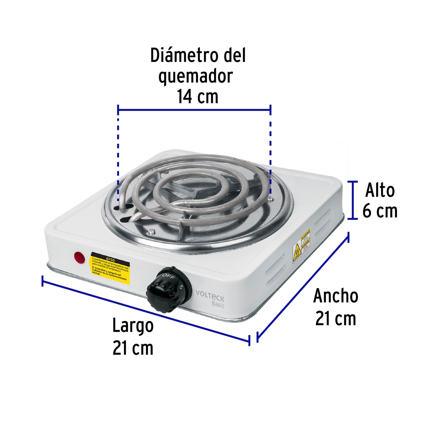 Parrilla eléctrica 1 quemador en espiral, blanca, BASIC