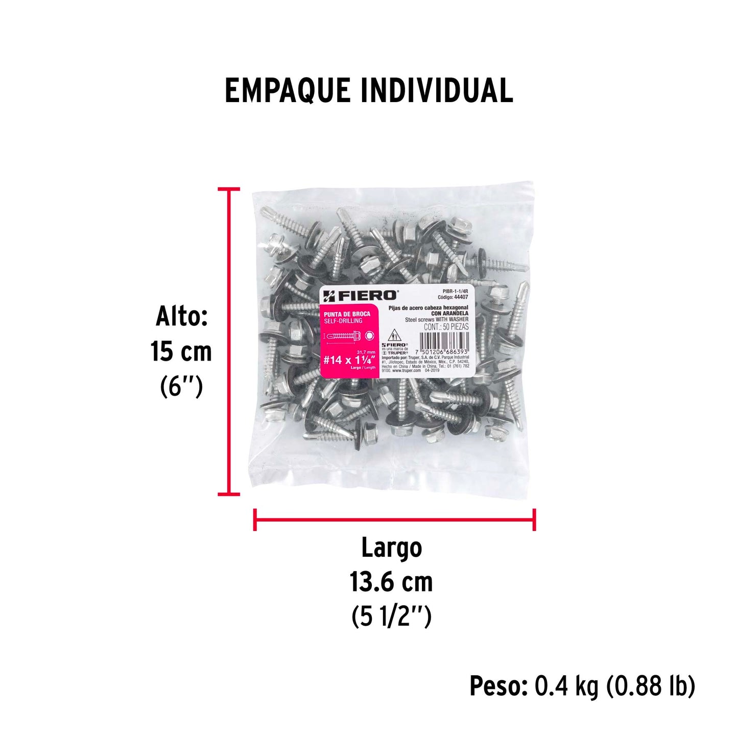 Bolsa con 50 pijas 1-1/4' hexagonal, punta broca con rondana