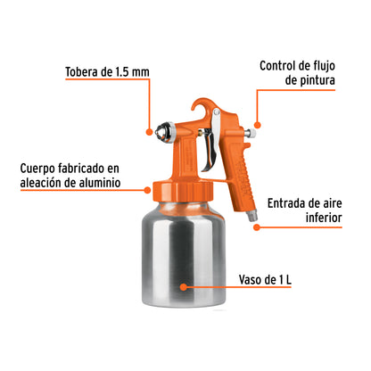 Pistola p/pintar baja presión, 1.5 mm, naranja, entrada inf