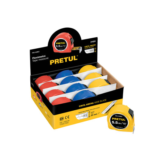Flexómetro 5.5 m cinta 25 mm, display box con  1 pza,PRETUL