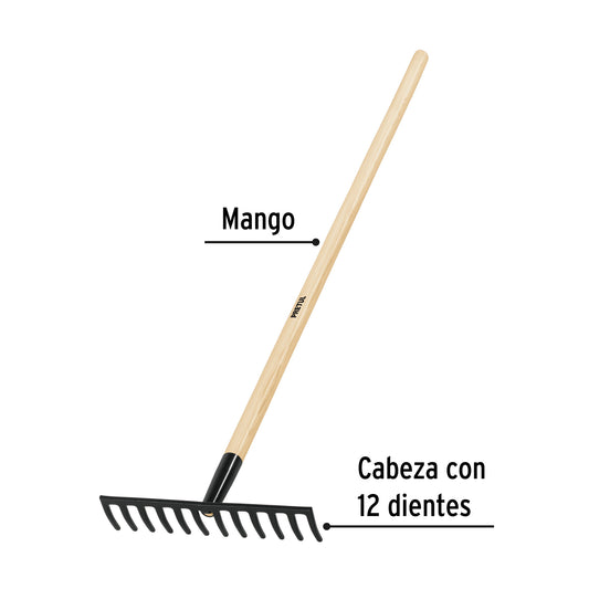 Rastrillo recto de 12 dientes, mango de 48', Pretul