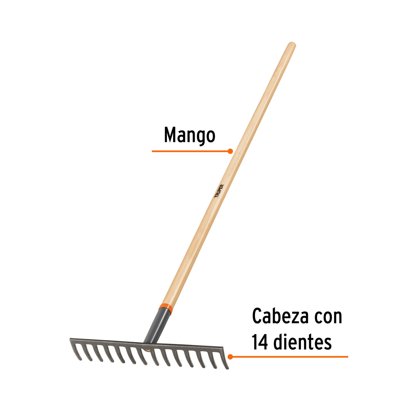 Rastrillo recto de 14 dientes, mango de 54', Truper