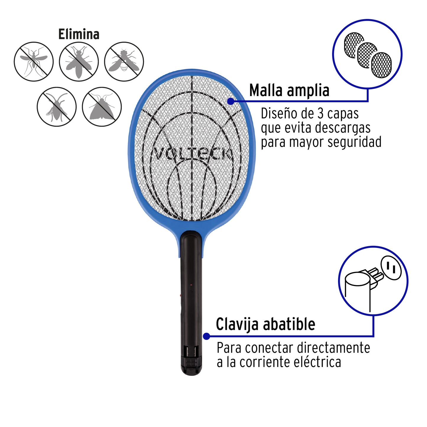 Raqueta mata moscas y mosquitos, recargable, VOLTECK