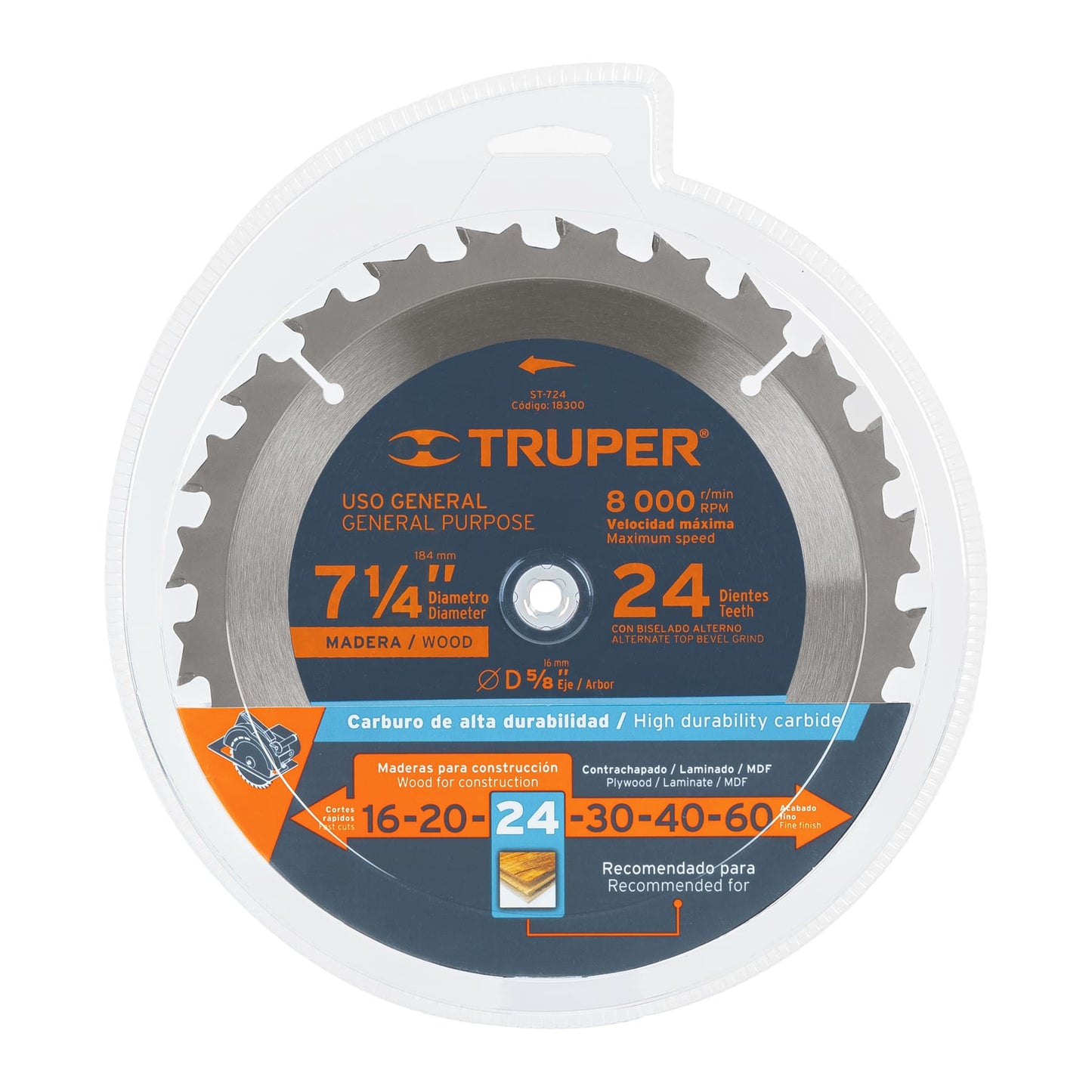 Disco sierra 7- 1/4' para madera, 24 dientes centro 5/8'